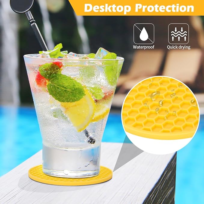 TWTLi Silicone Coasters Set of 6 with Holder — Non-Slip Drink Coasters for Coffee Table, Home Bar & Kitchen, Protects Wood & Marble Surfaces from Water Rings, Dishwasher Safe (Yellow)