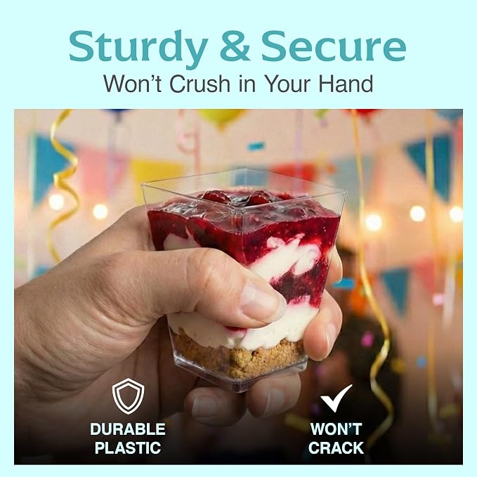 100 Pack 5 oz Plastic Dessert Cups with Spoons, Banana Pudding | 200 pcs serves 100; disposable clear shooters for party, individual yogurt parfait, jello, fruit trifle, mousse, cake