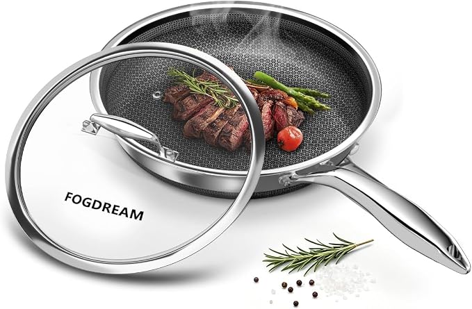 FogDream 8 Inch Nonstick Frying Pan with Lid, Honeycomb Hybrid Stainless Steel Skillet, Tri-Ply Induction Compatible, Non Toxic Frying Pan, Oven Safe, Dishwasher Safe, Silver