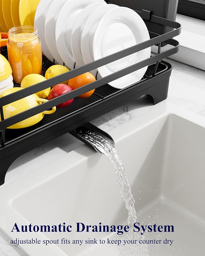 Kitsure Multi-Functional Dish Drying Rack, 15.7" x 12.0" x 5.5", Black | Dish Rack for Kitchen Counter with Cutlery Holder, Rust-Proof Drying Rack Kitchen, Kitchen Sink Organization