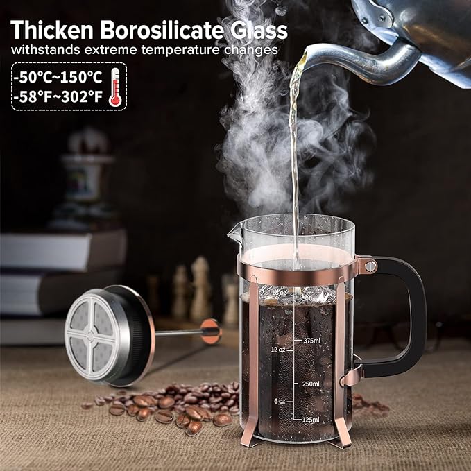 QUQIYSO French Press Coffee Maker, Borosilicate Glass Coffee Press | Thickened Glass Stainless Steel Coffee French Press,Easy to Clean,4 Filter Suitable for Kitche Camping Gifts (21oz, Copper)