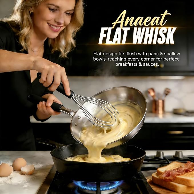 Anaeat Stainless Steel Kitchen Whisk Set of 4, Milk and Egg Beater Blender with Thick Wire for Whisking, Cooking, Baking, Beating and Stirring - 11'' Flat Whisk and 9''+11''+12'' Balloon Whisks