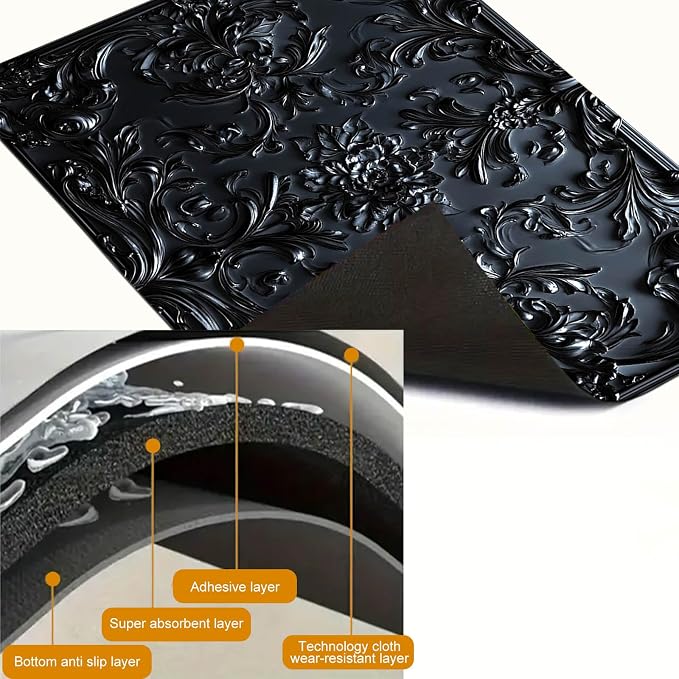 HOMETITUTE Stove Top Cover 28x20 Black Baroque Floral Diatomite Mat