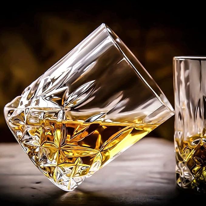 Qipecedm® Old Fashioned Whiskey Glasses, Set of 4 (2 Crystal Bourbon Glasses, 2 Round Big Ice Ball Molds) In Gift Box - 11 Oz Rocks Glass, Barware for Scotch Cocktail Rum Vodka Liquor, Gifts for Men