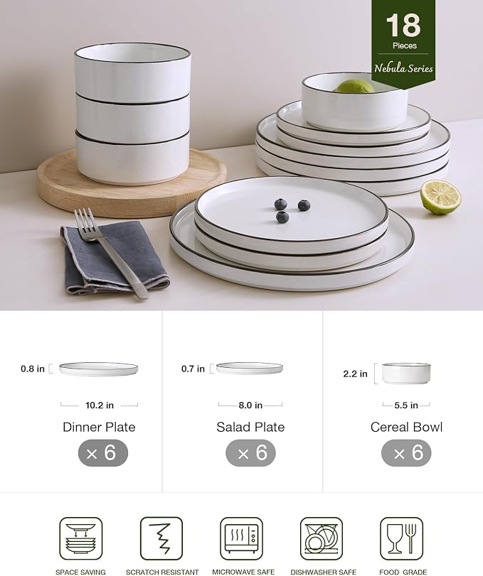 Famiware Nebula 18-Piece Dinnerware Set, White with Black Rim | Stoneware Dish Set for 6, Plates and Bowls, Microwave and Dishwasher Safe, Chip and Scratch Resistant