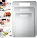 3-Piece 304 Stainless Steel Cutting Board Set (1mm Thick) – S:9.5"x6", M:11.8"x7.8", L:13"x9" Reversible Boards with Handle for Kitchen, Home & Outdoor Use