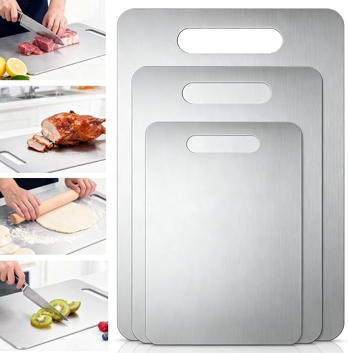 3-Piece 304 Stainless Steel Cutting Board Set (1mm Thick) – S:9.5"x6", M:11.8"x7.8", L:13"x9" Reversible Boards with Handle for Kitchen, Home & Outdoor Use