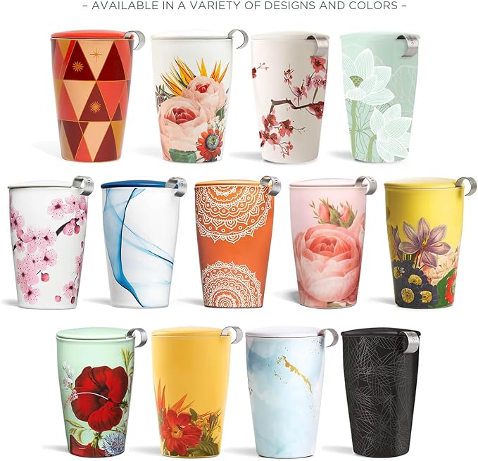 Tea Forte Double-Walled Ceramic Kati Cup, Chakra, 12 oz | Insulated Ceramic - Stainless Steel Loose Leaf Infuser - Keeps Tea Hot Longer - Lid Included - Microwave & Dishwasher Safe