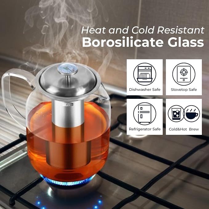 Aquach 68oz Glass Teapot with Thermometer, Stovetop Safe Tea Pot | Dishwasher Safe, Borosilicate Glass, Family Capacity, Precise Loose Leaf Filter, Easy-clean