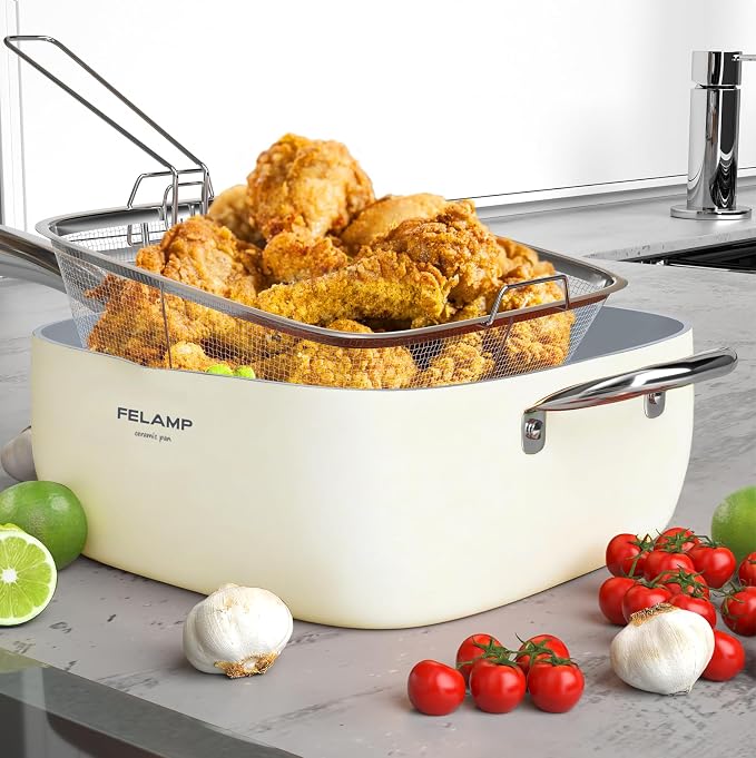 FELAMP 9.5-Inch Ceramic Nonstick Deep Square Frying Pan Set with Glass Lid, Stainless Steel Fry Basket & Steamer Rack, Induction Compatible, Oven &Dishwasher Safe, 4-Piece Square Pan Chef Cookware Set