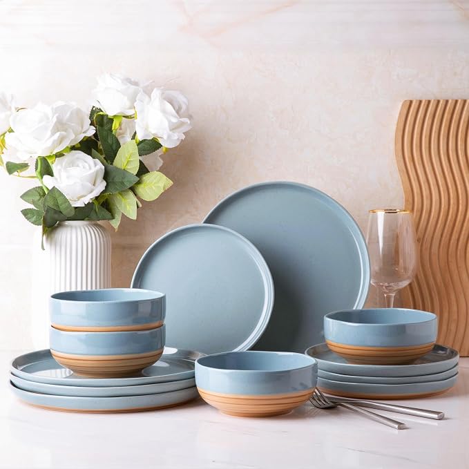 AmorArc Dinnerware Sets for 6, 18 Pieces Ceramic Plates and Bowls Set | Scratch Resistant Stoneware Dishes Set, Dishwasher & Microwave Safe, Stone Blue