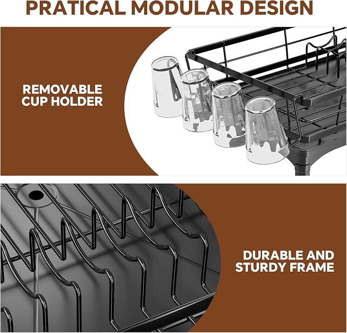Simple Trending Dish Drying Rack for Kitchen Counter, Stainless Steel Dish Rack, Large Dish Drainer Organizer with Cutlery Holder & Cup Holders, Black