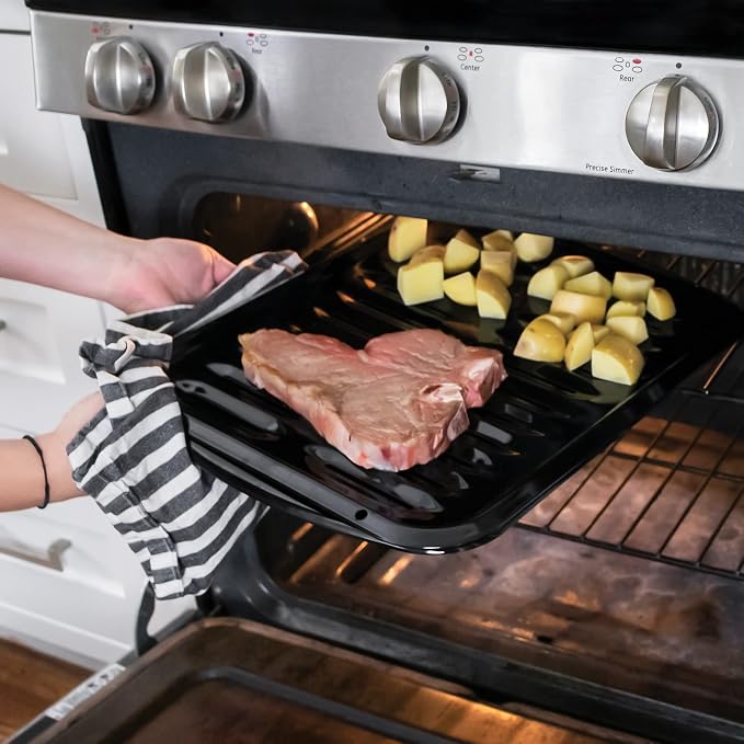 Certified Appliance Accessories Large 2-Piece Broiler Pan & Grill Set Porcelain-on-Steel 16-1/2"x12-3/4"x1-3/4", Universal, Whirlpool, Broiler Pan for Oven, Black