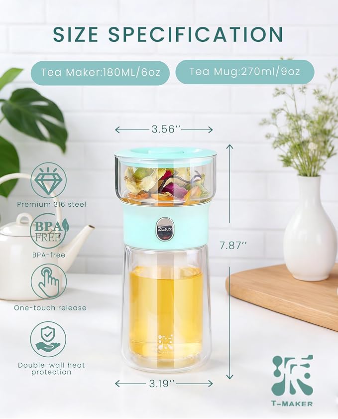 ZENS Modern Glass Infuser Teapot, One Touch Tea Release Loose Tea Maker | Loose Leaf Tea Diffusers, Magic Teapot with 9oz Mug, Portable Tea Infuser with Case, Tea Lovers Gifts, Blue