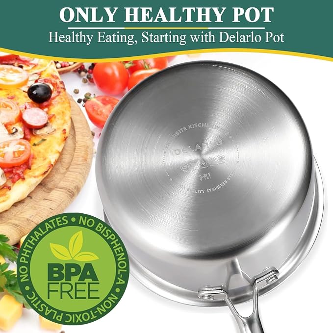 DELARLO Tri-Ply Stainless Steel Saucepan 1QT 2QT 3.5QT Kitchen Pot Set | Full-body Clad Cooking Set, Induction Cooking Sauce Pot Pan, Fast Even Heat, Heavy Duty Saucier Cookware