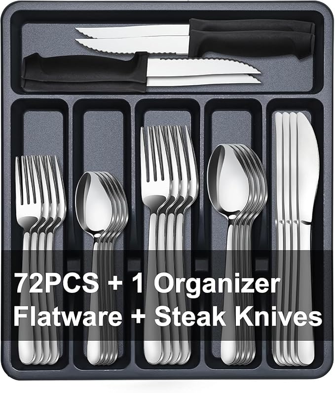 Pleafind 73-Piece Silverware Set with Organizer - Heavy Duty Stainless Steel Flatware Set Service for 12, Cutlery Utensil Sets with Steak Knives, Tableware Set for Home Restaurant, Dishwasher Safe