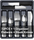 Pleafind 73-Piece Silverware Set with Organizer - Heavy Duty Stainless Steel Flatware Set Service for 12, Cutlery Utensil Sets with Steak Knives, Tableware Set for Home Restaurant, Dishwasher Safe