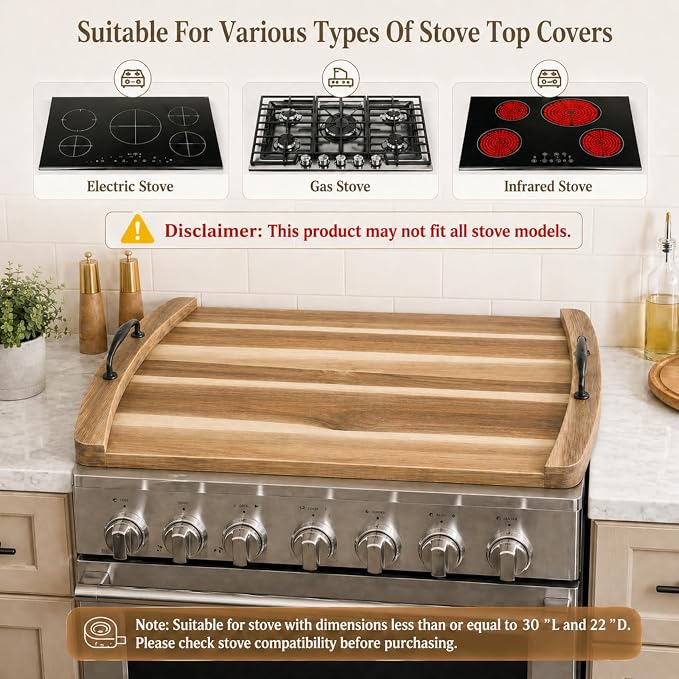 DHARANA Gas Electric Stove Top Cover Wooden Board Burner Glass RV Stovetop | Acacia Wood Noodle Boards 29*22*1.26