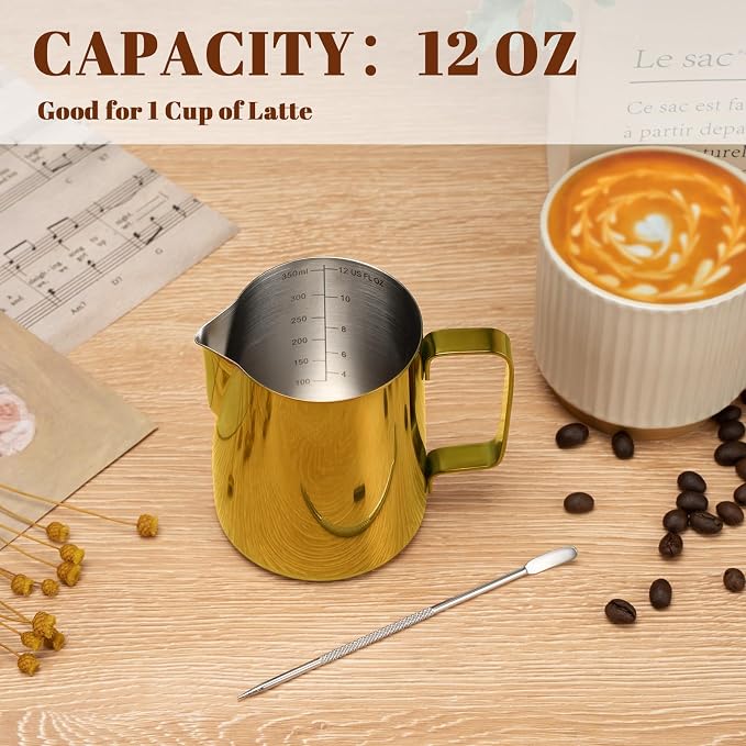 Amrules Milk Frothing Pitcher 12oz Frother Cup Barista Tools, Gold | 18/8 Stainless Steel, 12oz Capacity with Clear Scale, with Decorating Pen, Ergonomic Handle, for Cappuccino, Latte & Espresso