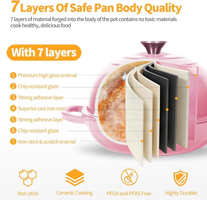 6QT Enameled Cast Iron Pink Dutch Oven For Sourdough Bread Baking | Dutch Oven Pot With Lid,Non-stick Sourdough Baking Pan with Bread Dome,Round Ceramic Dutch Oven Pot for Homemade