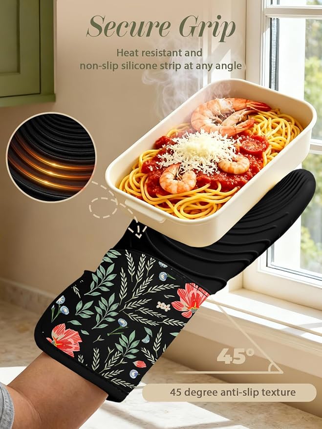 Slohif Long Silicone Oven Mitts Heat Resistant for Women - 2 Pcs Black-Pink Flower 100% Cotton Oven Gloves, Non-Slip and Waterproof Silicone Oven Mitts with Hanger for Baking and Cooking
