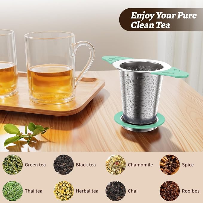 Tea Infuser for Loose Leaf Tea,18/8 Stainless Steel Tea Infuser with Heat Proof Silicone Handles,Extra Fine Mesh Tea Strainers Filter Fine Tea Leaves Effectively,Fits TeaPots/Mugs-Green