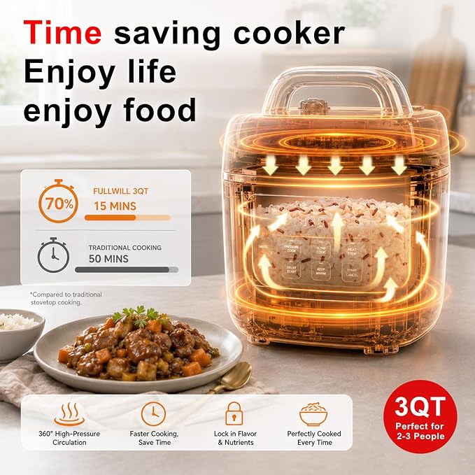 Fullwill Electric Pressure Cooker Lite 3 Quarts,7 in1,Slow Cooker, Rice Cooker,Steamer, Sauté, Warmer, Olla de Presion Nonstick Pot