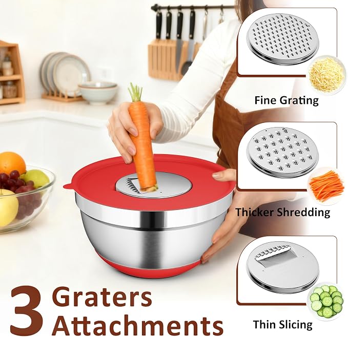 9 Pack Mixing Bowls with Airtight Lids & Grater Attachments, Red | Stainless Steel Bowl, Non-slip Bases, Nesting Kitchen Bowl, Size 5, 4, 3, 2, 1.5,1QT,for Food Prep, Baking, Storage & Serving
