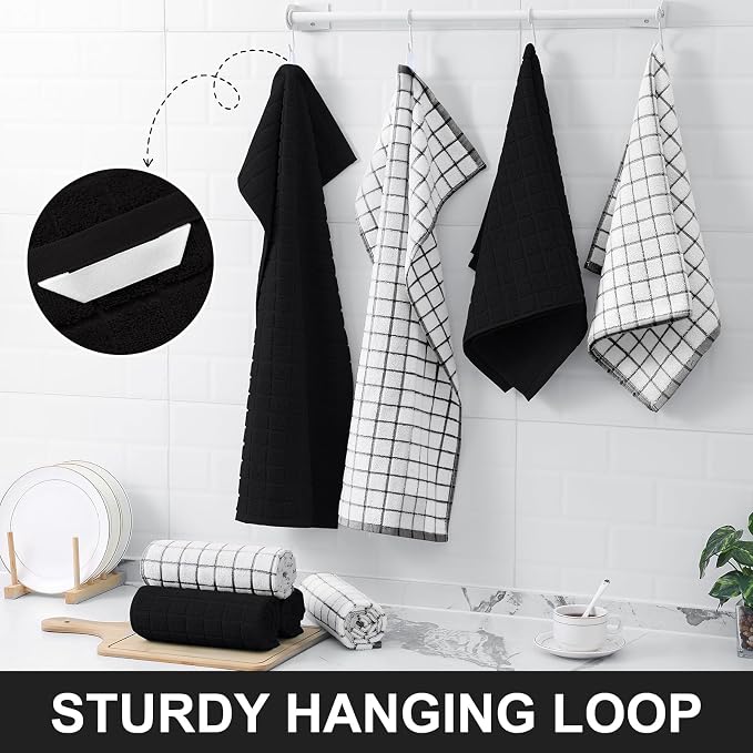 Homaxy Large Premium Cotton Kitchen Towels 16"x 28", 12 Pack, Black | Natural Ring Spun 390 GSM Dish Towels, Super Absorbent Terry Kitchen Hand Towels, Soft Tea Towels with Hanging Loop