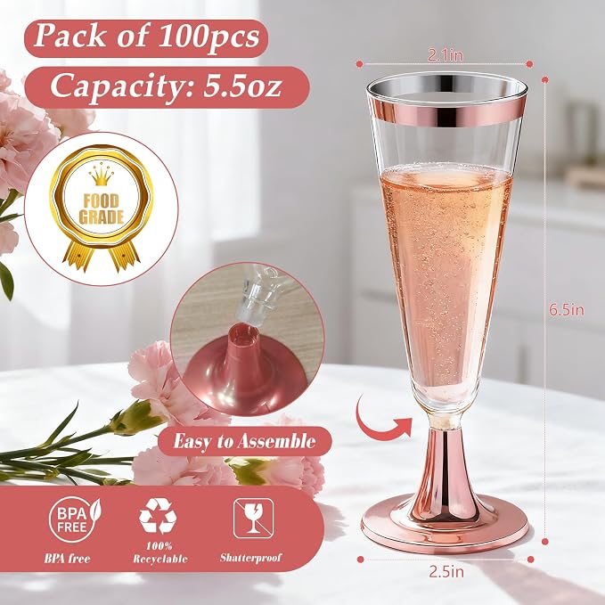 GuanQiao 100 Pack Plastic Champagne Flutes with Rose Gold Rim Pink Bottom, 5.5 Oz Clear Disposable Plastic Champagne Glasses, Wine Glasses Cups for Wedding Celebration New Years Eve Party Supplies
