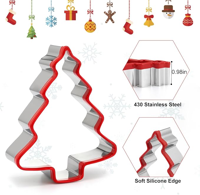 Christmas Tree Cookie Cutters 3PCS, Stainless Steel Christmas Cookie Cutter Tools with Red Environmental PVC, Christmas tree Shape Moulds Set for Baking