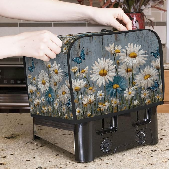 4 Slice Toaster Cover Vintage Wood Daisy Toaster Covers Four Slice Wide Slot Waterproof and Dustproof Covers for Wide Slot Toasters and Small Appliances Kitchen Decor Gifts