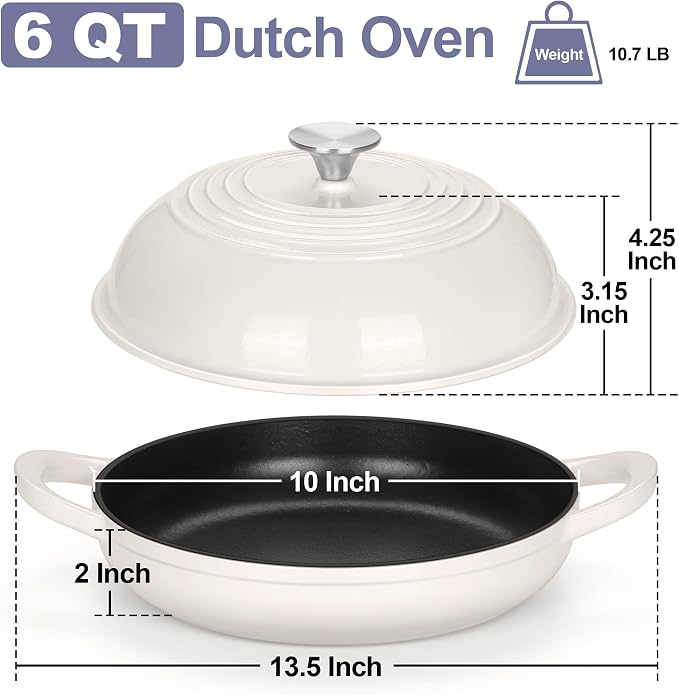 TeamFar Cast Iron Bread Dutch Oven, 6 Qt Enameled Dutch Oven Pot | for Sourdough Bread Baking, with Tall Dome Lid & Round Base Pan, Self-Basting & Even-Heating, Heavy-Duty & Non-stick, White