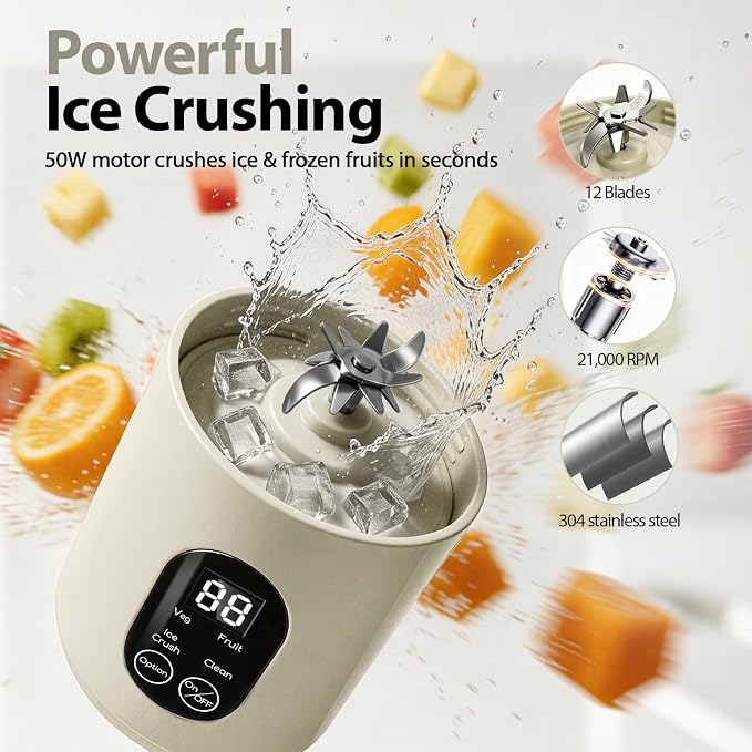 Personal Blender for Smoothies, 580ML USB-C Rechargeable | Portable Blender Cup, 12-Blade Smoothie Maker with Travel Lid, Handle & LED Display for Gym, Office, Travel and Outdoor