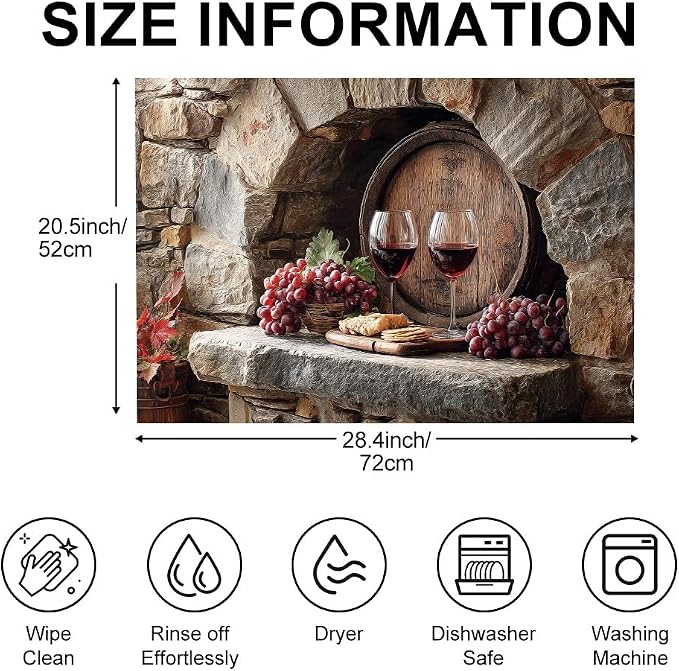 Wine Barrel Stove Top Cover, Tuscan Vineyard, 28x20 in | Stone wine cellar with oak barrel, red wine glasses and grapes; flat-printed non-slip mat; protects glass cooktops; 28x20 in