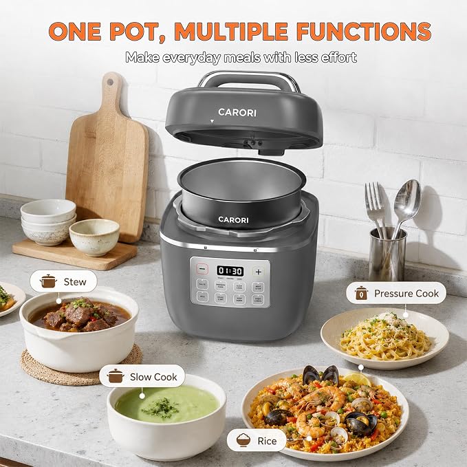 CARORI 3 Qt Electric Pressure Cooker, 8-in-1 Compact Multi-Cooker with Ceramic Nonstick Pot, 700W, Sauté, Slow Cook, Rice, Stew, Delay Start, Keep Warm, Gray
