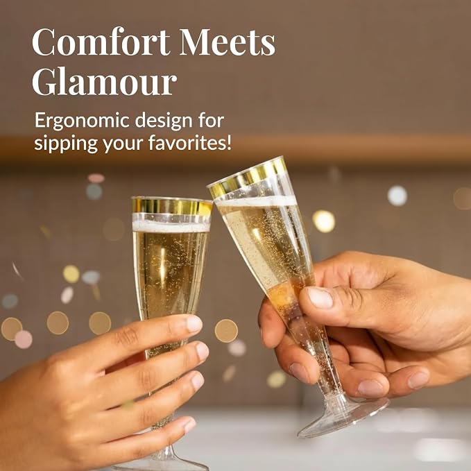 Prestee 48 Disposable Plastic Champagne Flutes With Gold Rim Glitter - Clear Toasting Glasses for Mimosa, New Year’s Eve Party, and Elegant Celebrations - Premium Quality Disposable Stemware