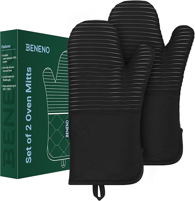 Beneno Heat Resistant 500°F Kitchen Oven Mitts 2-Pack, 7.5"x14.3", Black | Textured Non-Slip Silicone Grip, Extra Long Forearm Protection, Soft Quilted Cotton Terry Lining, Ideal for Baking & Grilling