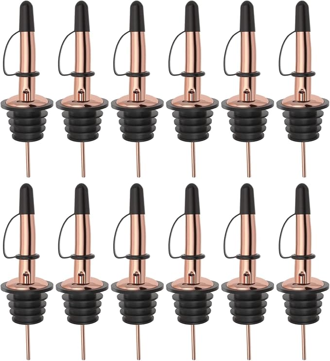 Pafusen 12 Pack Liquor Bottle Pourers, Liquor Pour Spout for Liquor Bottles, Stainless Steel Olive oil Dispenser Spout, Alcohol Pourer Dust Caps Covers Fixed, Rose Gold