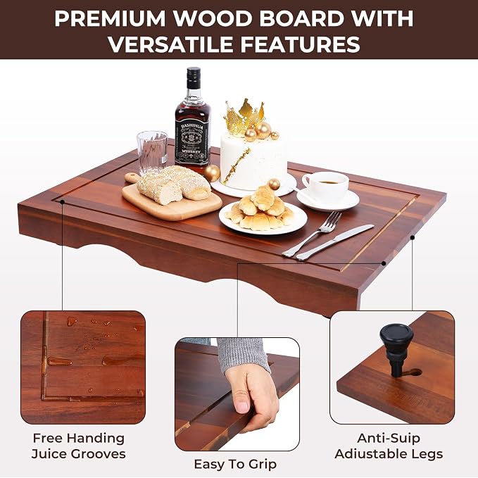 Acacia Wood Stove Top Cover - Electric & Gas Stove - 30"L x 22"W x 2.5"Th Raised Cutting Board with Adjustable Legs & Juice Grooves
