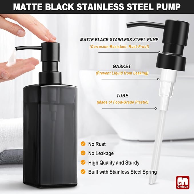 GMISUN Black Glass Soap Dispenser, Hand Soap Dispenser with Stainless Steel Pump for Bathroom, 12 fl oz/350ml Refillable Dish Dispensers for Kitchen, Modern Liquid Lotion Bottles for Countertop