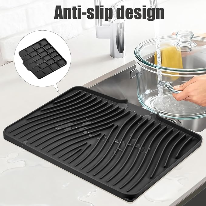 TIKNIK Silicone Dish Drying Mat for Kitchen Counter, Black-1pc, 16" x 12" | Heat Resistant & Non-Slip Dish Drain Pad with Built-In Drain, Dishwasher Safe, Quick-Dry, Hangable & Roll-Up for Storage
