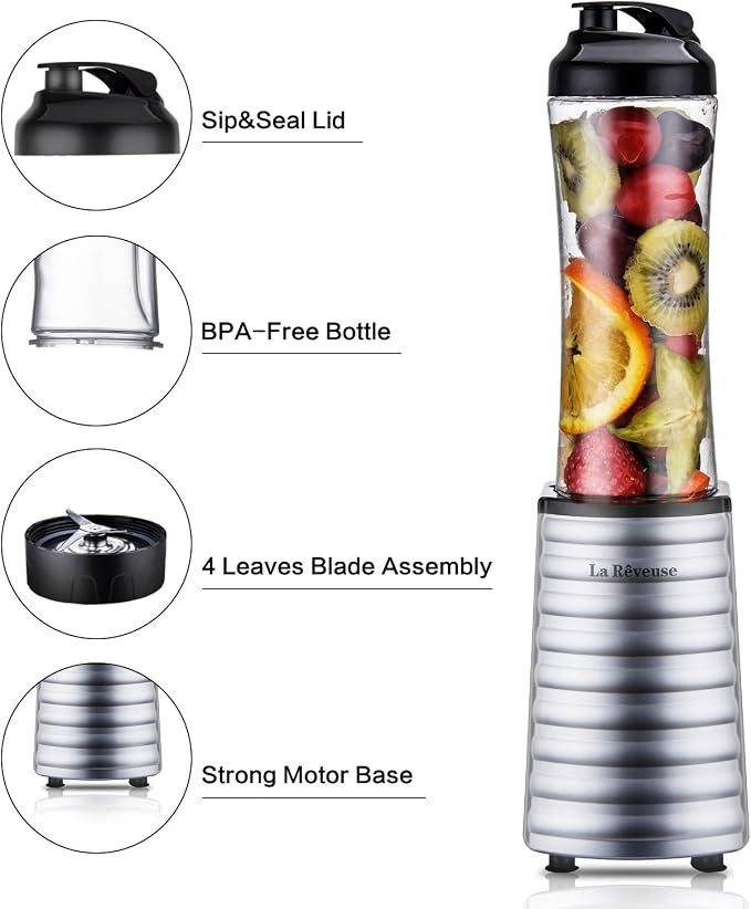 La Reveuse Personal Size Blender for Protein Shakes and Smoothies, Silver | 18oz BPA-free Portable Bottle with Spout Lid, Push to Blend, Suitable for Home, Apartment, Office, Dorm, 300 Watts, LARB1801S