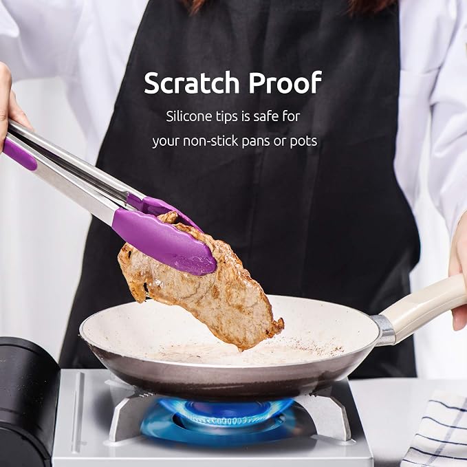 U-Taste Kitchen Tongs for Cooking, 600ºF Heat-Resistant Tps, 3Pcs/Purple | Silicone Tong Set 7/9/12in, Salad/Grill/BBQ Plastic Tongs for Food Serving, Rubber Thong with 18/8 Stainless Steel Handle