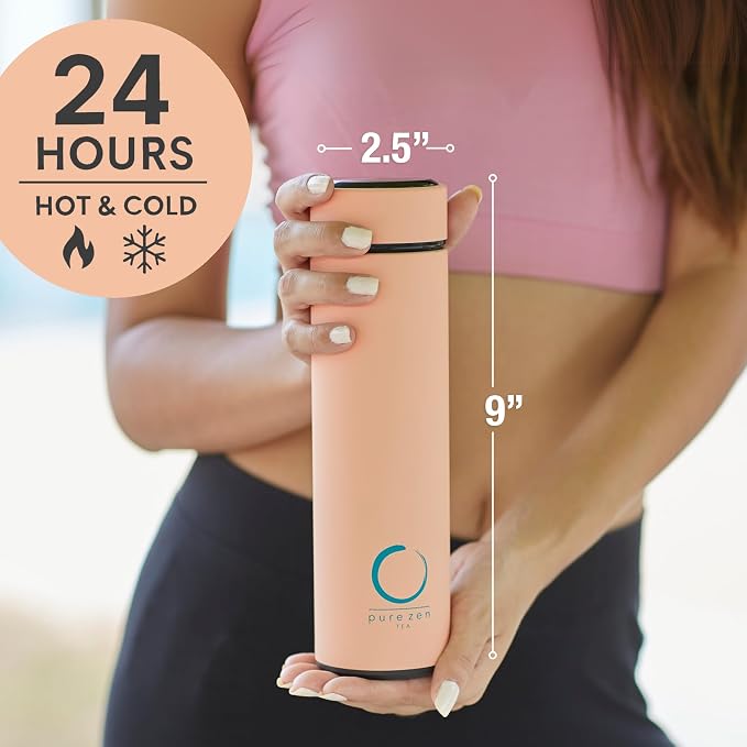 Pure Zen Tea Insulated Tea Infuser Bottle, 15 oz, Tea Thermos with Infuser | Leakproof, Hot and Cold 24 Hrs - for Tea, Coffee and Water, Stainless Steel, Tea Gift Set, Tea Tumbler with Infuser, Pink