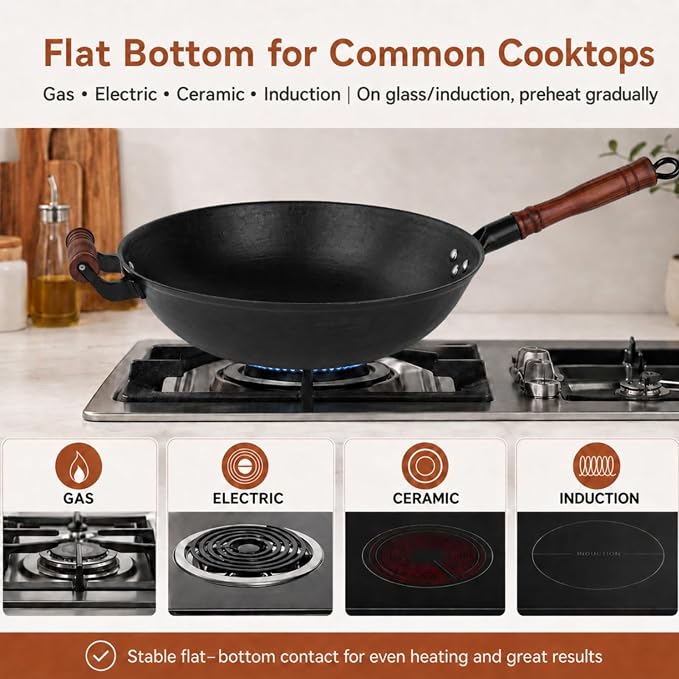 WANGYUANJI Cast Iron Wok Pan with Wooden Lid, 13.4 Inch Flat Bottom Chinese Stir Fry Wok, Textured Uncoated Large Wok for Induction, Gas, Electric & Ceramic Stoves, Seasoning Recommended | Uncoated cast iron wok with wood lid for induction, gas and ele...
