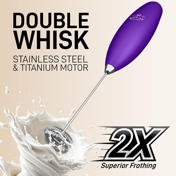 Zulay Kitchen Powerful Milk Frother Wand With Duracell Batteries - Ultra Fast Handheld Drink Mixer - Electric Whisk Foam Maker for Coffee, Lattes, Cappuccino & Matcha - Double Whisk - Purple