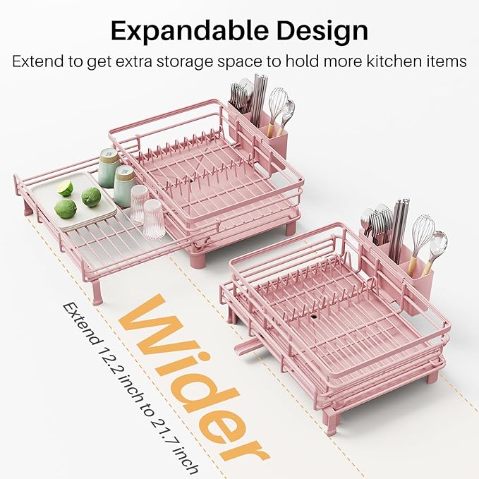 SNTD Expandable Dish Drying Rack for Kitchen Counter, Stainless Steel, Pink | Foldable Over Sink, Large Capacity, Adjust to Fit Most Sinks, Angled Drainboard, Removable Utensil Holder, Slip Resistant