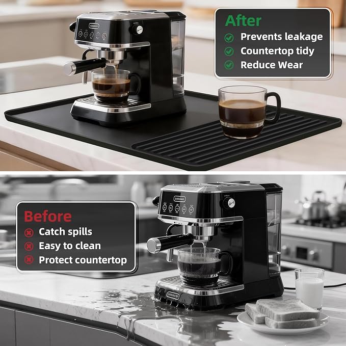 Silicone Coffee Mat, 24''x16'' Coffee Bar Mat with Detachable Dish Drying Mat, Bar Mats for Countertop, Kitchen Espresso Machine Mat, Non-Slip Coffee Maker Pad, Heat Resistant Countertop Protector