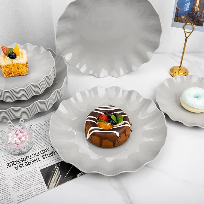 LIYH 24 Pcs Plastic Grey Scalloped Plates Reusable, Unbreakable Dinner Plate and Salad Plate, Dishwasher Safe Outside Plates for Parties, Picnics 12 Guests